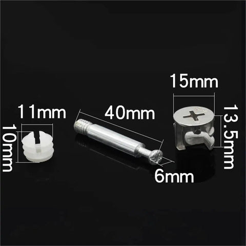 Heavy Duty Cam Lock Fittings 50 Piece Set With 3 In 1 Furniture Connectors cam screws displayed with measurements