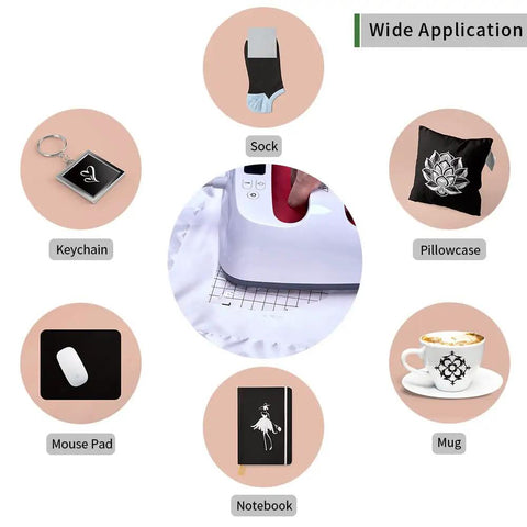 Applications of Black Sublimation Transfer Sheets 10 Pack 12 By 12 Inches Solid Color Paper for DIY projects on various items.