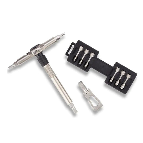 Compact Ratcheting Multi-Tool And Mini All-In-One Torque Driver EDC Kit with bits and prying tool on white background