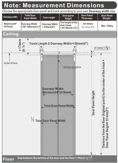 Bi-Folding Sliding Barn Door Hardware Kit For Two Doors measurement diagram with dimensions and installation guidelines.