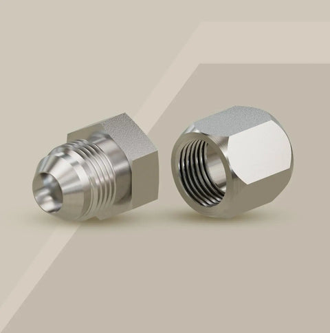 Half Inch JIC 37 Degree Cap And Plug Kit Dash 08 For Hydraulic Hoses, Tubes And Pipes, Heavy Duty Steel Construction, Reusable Cap And Plug Set For 37 Degree JIC Flare Fittings, Protects Lines, Keeps Gunk Out. steel cap and plug set shown from two angles