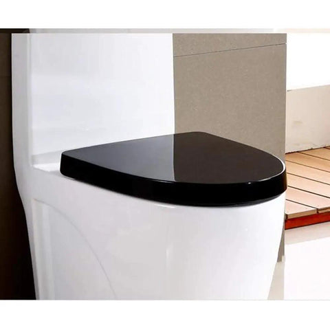 Heavy Duty Plastic Toilet Seat With Silent Soft Close Hinges, Standard Size Duroplast build on a white toilet, sleek black design.