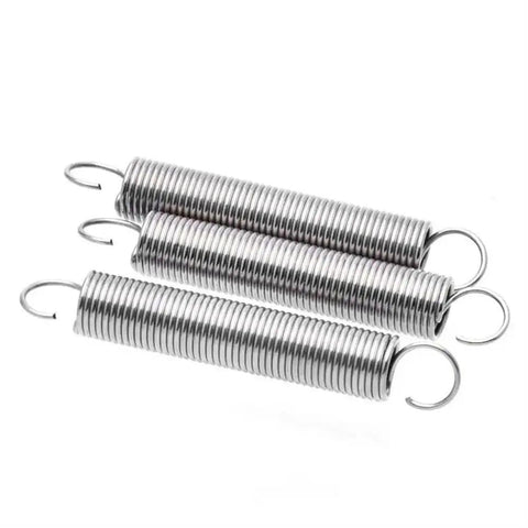 Three stainless steel springs from 100 Piece Stainless Steel Extension And Compression Spring Kit With Hooks For Home Repairs, Small 15 To 30mm Length, 0.5mm Wire, 3 To 5mm Outer Diameter, Diy Handy Springs Set For Projects And Repairs.