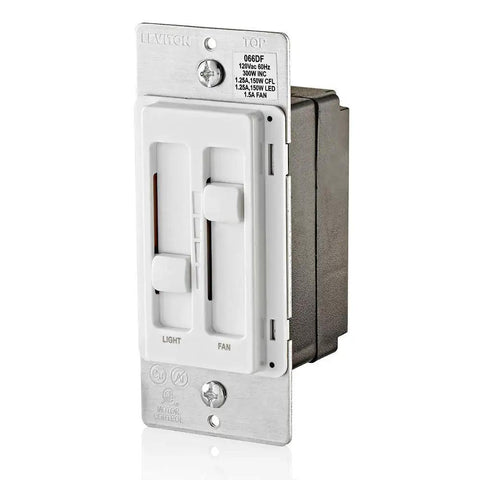 Ceiling Fan Control And Dimmer Switch With Separate Fan Speed And Light Dimmer For LED CFL Halogen And Incandescent Bulbs Plug And Play Setup White 66DF-10W in angled view