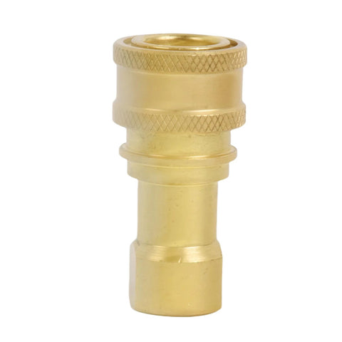 Brass 1/4-inch NPTF hydraulic nipple with knurled rings, front view.