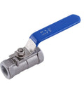 Top Shelf 1/2 Inch Stainless Steel Ball Valve Female To Female Connections with blue handle for water shutoff and flow control.