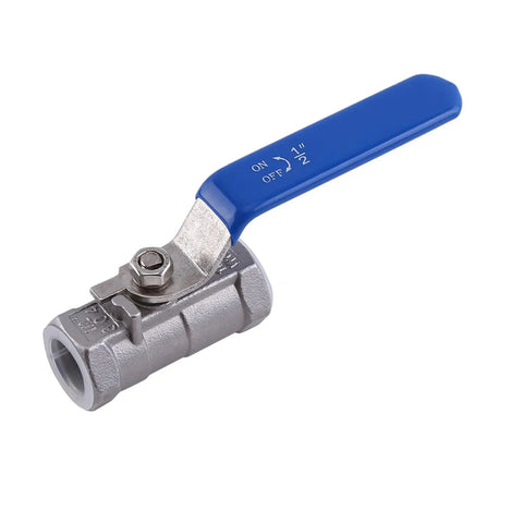 Top Shelf 1/2 Inch Stainless Steel Ball Valve Female To Female Connections with blue handle for water shutoff and flow control.