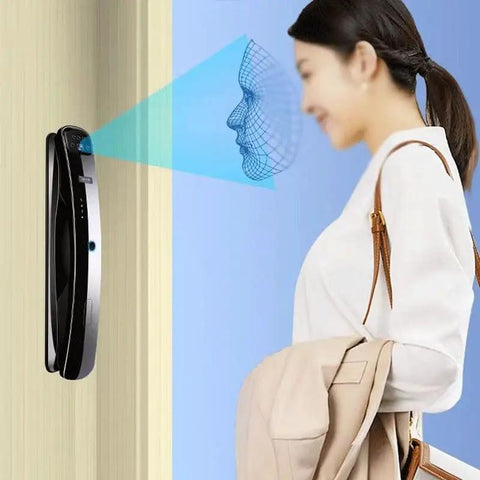 Straight Up Smooth Smart Door Lock With Fingerprint Scan And 3D Face Recognition Plus Integrated Cat Eye Camera For No Sweat Keyless Entry Day Or Night with user scanning face.