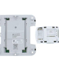 Back view of Equipment Interface Module With Return Air Sensor For HVAC Systems Keeps Safe Indoor Temps If Wireless Thermostat Loses Power Maintains 62 F No Brainer Easy Install Home Comfort Upgrade showing battery compartment and connectors.