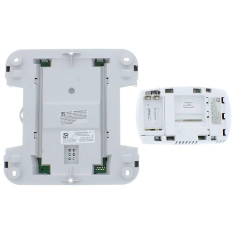 Back view of Equipment Interface Module With Return Air Sensor For HVAC Systems Keeps Safe Indoor Temps If Wireless Thermostat Loses Power Maintains 62 F No Brainer Easy Install Home Comfort Upgrade showing battery compartment and connectors.