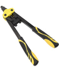 Heavy Duty Rivet Nut Tool Kit With Ergonomic Grip Professional Grade Alloy Steel Hand Tool For Auto Repair And Home DIY Projects That Make Work Super Dope And Easy. alloy steel hand rivet nut tool with yellow grip, angled view