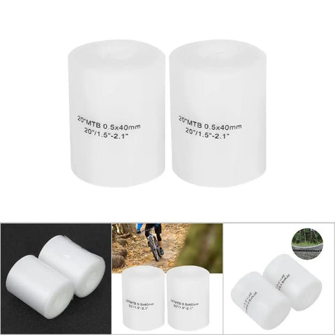 20 Inch Polyurethane Tire Liners Puncture Proof Belt For MTB And Road Bikes White 2 Pack, showing front and side views, on black background