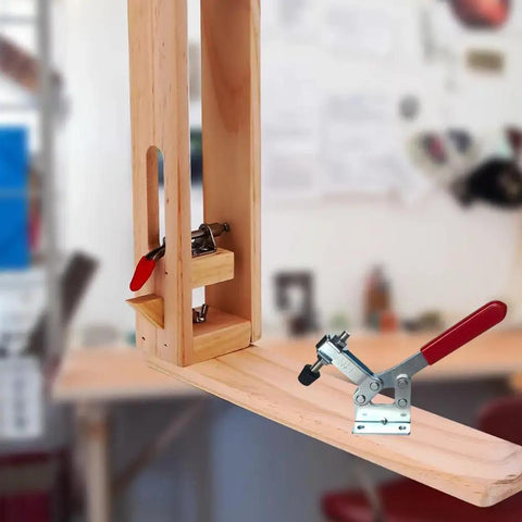 Heavy Duty Horizontal Clamp With Quick Release, 277kg Capacity, Pro Grade Clamping Tool For Woodworking, Carpentry And Welding, Steel And Rubber Construction, 85 Degree Opening, Smooth Lever Action on wood joint