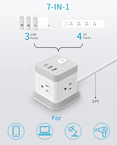 Compact 2 Prong Power Strip With USB Ports And Flat Plug Four Outlets And Three USB Ports Five Foot Power Cord desktop view