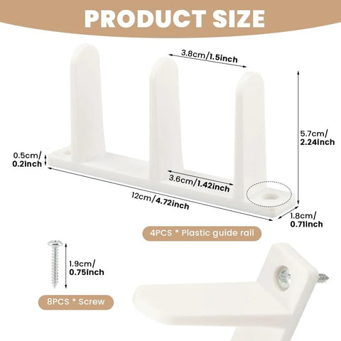 Diagram showing product dimensions for 4 Pack Universal Closet Door Floor Guide Kit For One Three Eighths Inch Thick Doors ABS Sliding Door Bottom Guide White Durable Plastic Rail System With Eight Screws For Easy Installation.