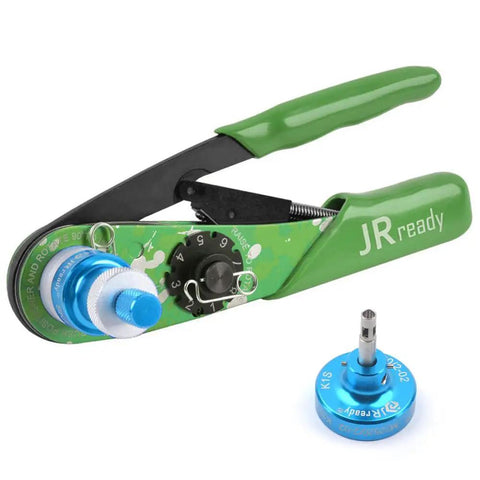 JRready M22520/2-01 Aviation Crimping Tool With Universal Positioner for Solid Contacts, green handle, precision crimping for 20-32 AWG.