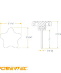 Front and side views of PowerTEC QNB3010-P2 5-star knob with 1/4-20 thread; 2-5/32 in diameter star, 2 in stud.