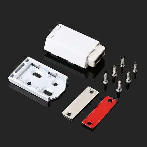 Components of Push To Open Cabinet Catch With 25 Lbs Magnetic Hold, Spring Loaded Door Latch For Handle Free Kitchen Cabinets