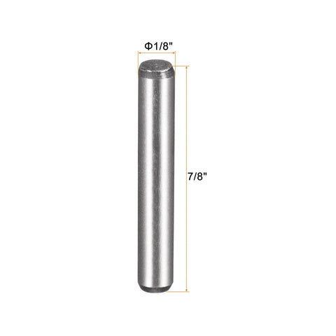 One Eighth Inch By Seven Eighth Inch Dowel Pins, Heat Treated Alloy Steel For Extra Hardness, Bright Finish, front view