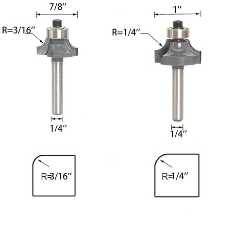 Six Piece Roundover Router Bit Set With 1/4 Inch Shank Carbide Bits And Six Bearings For Corner Rounding R3/16 R1/4