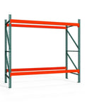 Heavy Duty 2 Tier Pallet Rack Starter Frame 48X96X96 Steel Warehouse Storage Rig, green steel frame with orange beams.