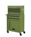 Beefy Heavy Duty 7 Drawer Rolling Tool Chest With Detachable Top On Wheels, Portable Tool Storage Cabinet For Garage, Shop, And Warehouse, Steel Tool Organizer Box In Green front view on casters