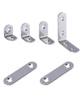 Set of heavy duty rust proof L brackets in stainless steel for shelves, cabinets, and walls with countersunk screws.