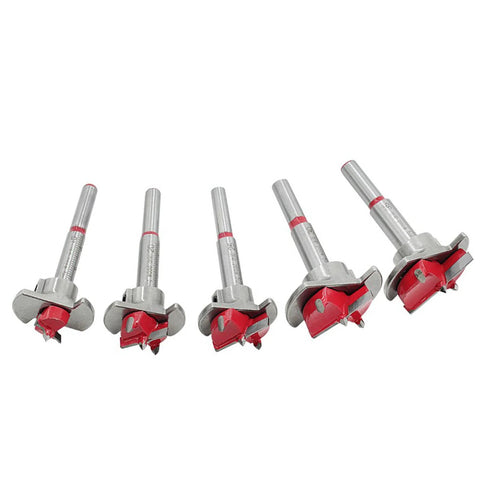 Drill bit set, 5-piece tungsten carbide for concealed hinge holes (15–35 mm); red-tipped woodworking bits
