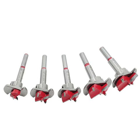 5-piece hinge hole drilling bit set; adjustable 15–35 mm (0.6–1.4 in) tungsten carbide for wood