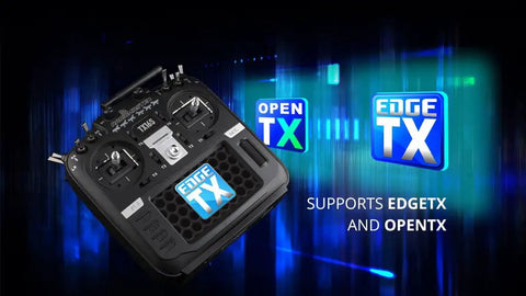 TX16S Mark II 2.4GHz 16 Channel EdgeTX Radio Transmitter Mode 2 with 4 in 1 Hall Gimbals and 4.3 Inch IPS Display showing firmware support.