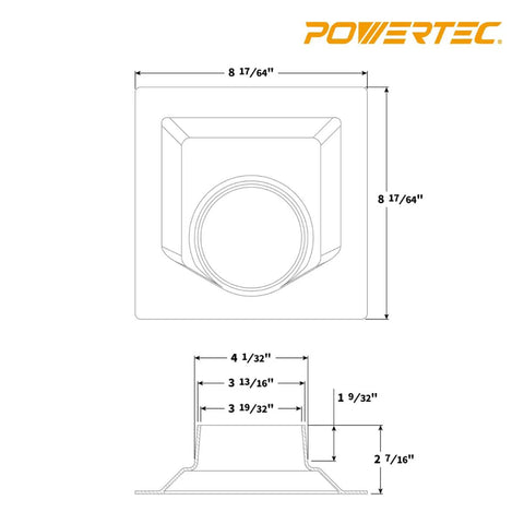 Rock Solid Jointer Dust Hood With Universal Fit For Woodworking Tools Four Inch Outlet Tough ABS Plastic Chip Chute Guard dimensions diagram.