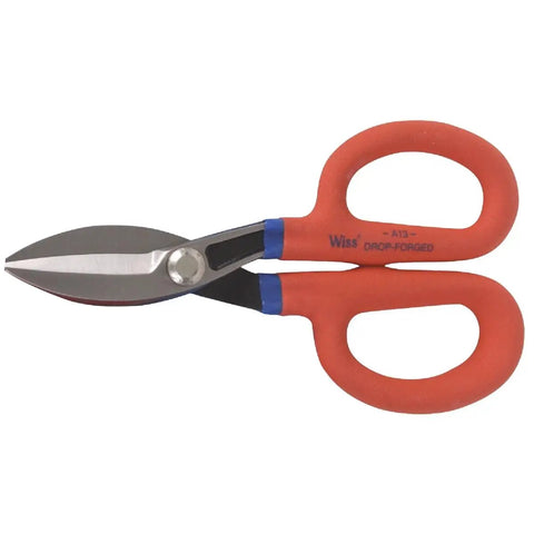 Seven Inch Straight Pattern Tin Snips Featuring Hella Sharp Hand Edged Blades For Slick Sheet Metal Cutting And Real Smooth Action For Zero Drama Heating Ventilation Air Conditioning Plumbing Work With Tough Aluminum Handles.