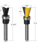 The Ultimate Dovetail Routing Knockout Featuring 1/4 Inch Shank Hard Alloy Bits With Precision Bearing Guide, two router bits with dimensions.