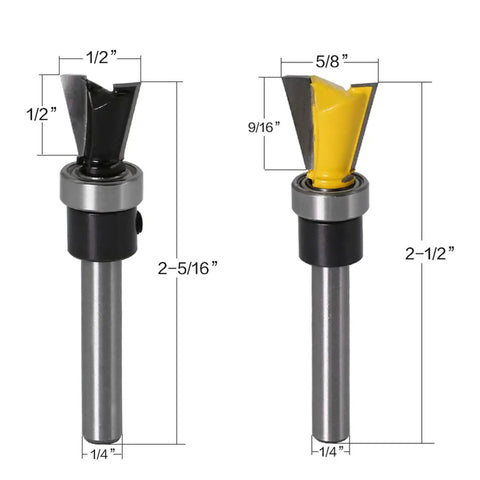 The Ultimate Dovetail Routing Knockout Featuring 1/4 Inch Shank Hard Alloy Bits With Precision Bearing Guide, two router bits with dimensions.