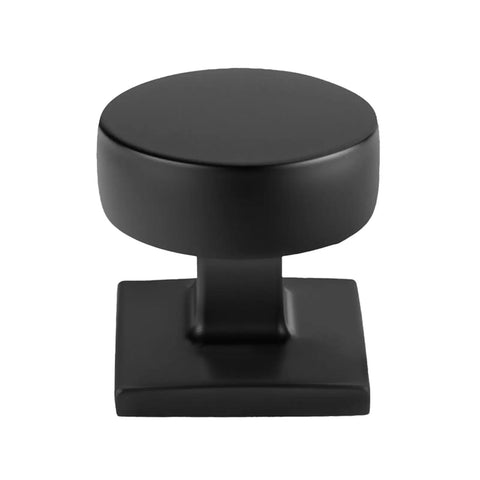 Round aluminum alloy knob from 25 Pack Black Cabinet Knobs for Cabinets and Drawers, square base, durable kitchen hardware.