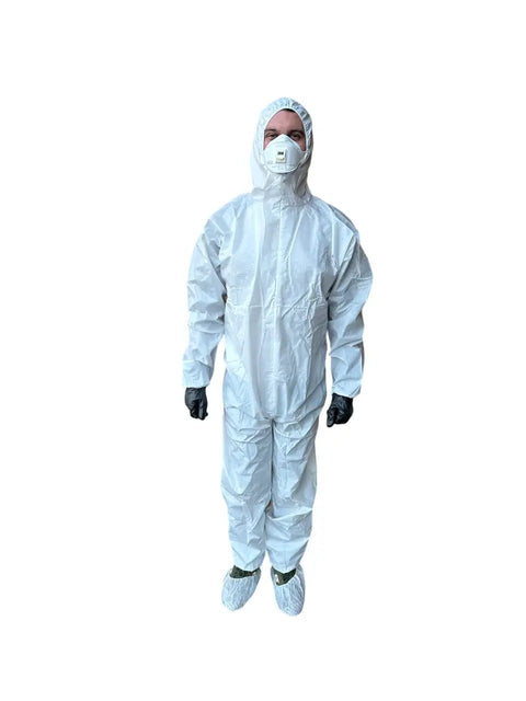 Person wearing Hazmat Suit Chemical Protective Coverall Large Size With Heavy Duty Microporous Material Hood Zipper Front Storm Flap Taped Seams Elastic Wrists And Ankles PPE Category III Type A White Isolation Gear