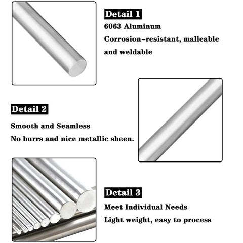 2.5mm Diameter Aluminum Round Rod Set, 6063 Aluminum Solid Rods, details of corrosion resistance and seamless finish