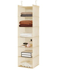 Six Tier Hanging Closet Organizer Shelf With Cloth Fabric And Two Sturdy Hooks Foldable Beige Storage Solution displayed with items