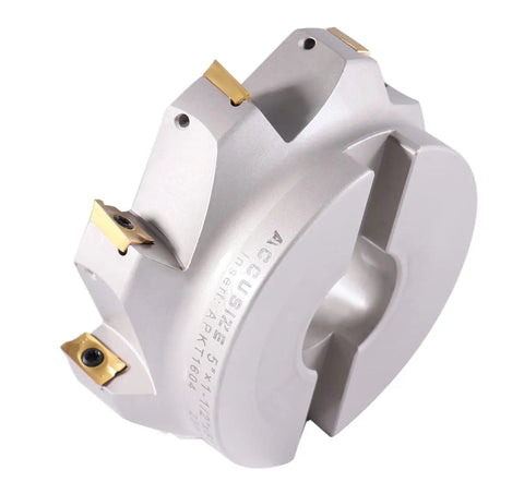 Heavy Duty 5 Inch 90 Degree Square Shoulder Indexable Face Mill With Eight APKT1604 Carbide Inserts Installed, One And One Half Inch Arbor Hole, Two Inch Overall Length, Nickel Plated Body With Secure Screw Down Inserts