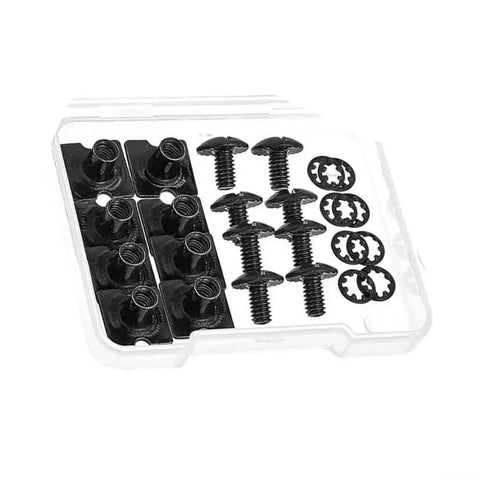 Get This Super Cool Set Of 25 Football Backplate Screws Perfect For Quick Repairs With Anti Loosening Design Nuts And Internal Locking Bushings Included In A Handy Storage Box For Any Athlete Needing Durable Gear Upgrades., black metal football backplate screw kit in clear storage box