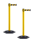 Outdoor Safety Stanchions Set Of 2 With Rubber Base And 11 Foot Yellow Black Diagonal Belt, Retractable Barrier System