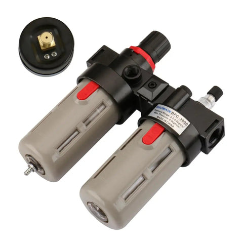 Air Source Treatment Unit With Three Eighths Inch FRL Filter Regulator Lubricator Combo And Included Pressure Gauge for pneumatic systems.