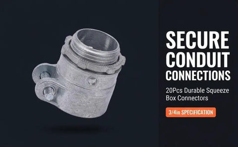 Close-up of Rock Solid Three Quarter Inch Squeeze Connectors For Flexible Metal Conduit Zinc alloy fitting for tight seals.