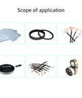 Various applications for PTFE Powder 50g Ultrafine Lubricant images, including sheets, rings, cables, pans, tubes, and tapes.