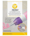 Twist Quick Decorating Coupler 4 Piece Set For Cakes And Icing packaging with purple coupler and icing tip.