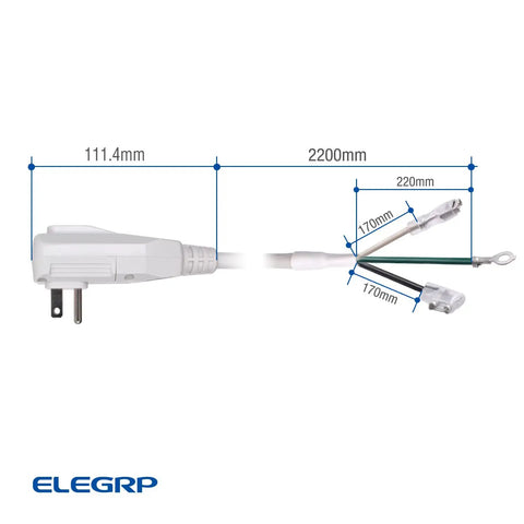 Diagram showing dimensions of LCDI Power Cord Plug for Air Conditioners With Leakage Current Detection, Beefy 7.5 Foot Heavy Duty Cable.