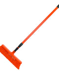 Heavy Duty All In One Broom And Rake With Adjustable Telescopic Handle and stiff plastic coated metal bristles, 15.75 inch head, orange color.