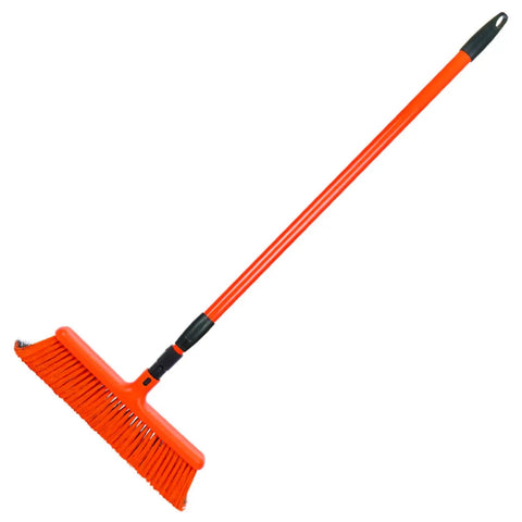 Heavy Duty All In One Broom And Rake With Adjustable Telescopic Handle and stiff plastic coated metal bristles, 15.75 inch head, orange color.
