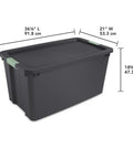 Hella Tough 12 Pack 45 Gallon Wheeled Latch Totes With Smooth Rolling Wheels And Secure Snap Caps For Zero Hassle Home Organization Heavy Duty Stackable Plastic Storage Bins dimensions shown in image.