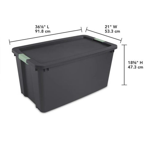 Hella Tough 12 Pack 45 Gallon Wheeled Latch Totes With Smooth Rolling Wheels And Secure Snap Caps For Zero Hassle Home Organization Heavy Duty Stackable Plastic Storage Bins dimensions shown in image.